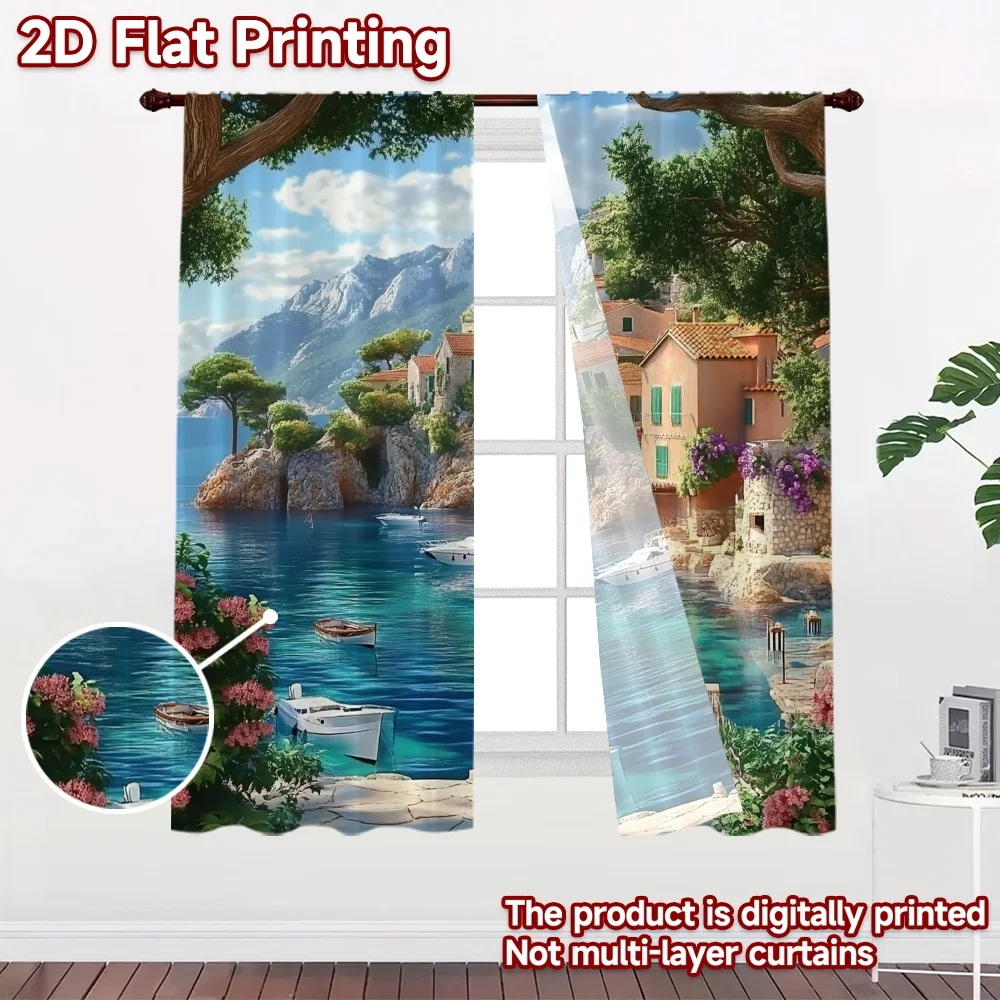 2D flat 2pcs Curtain French Romantic Style Mediterranean Coastal Village Durable polyester fiber Festive Wall Decor Use for All