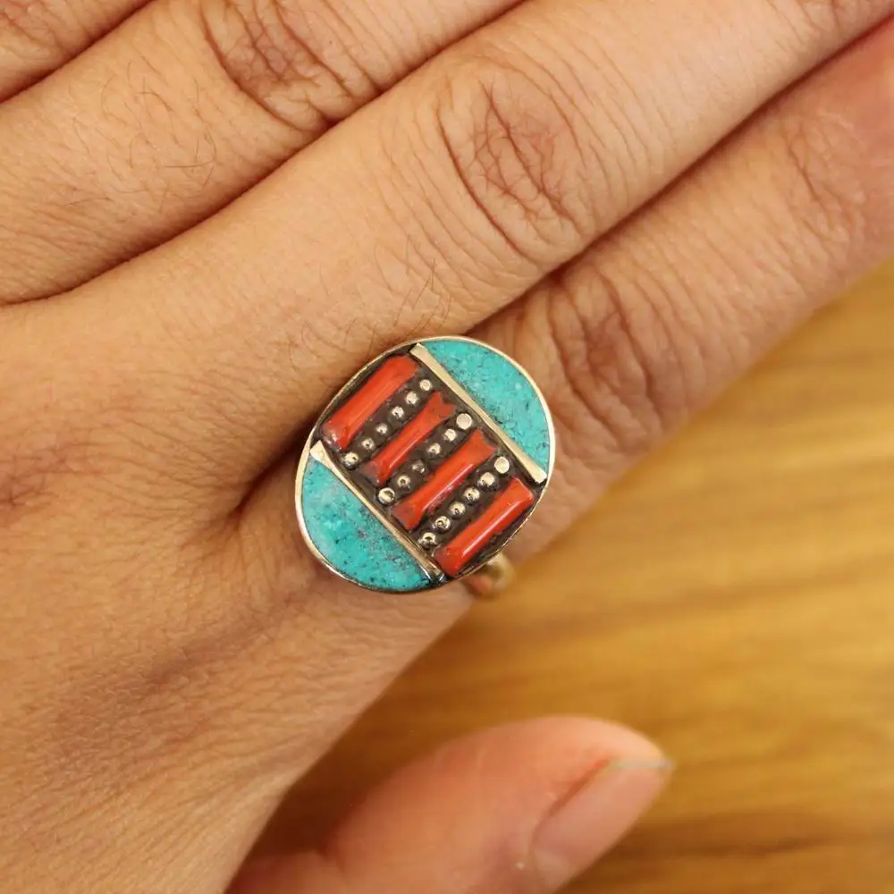 RG377 Handmade Nepal Jewelry Copper Inlaid Turquoises Coral Stone Oval Woman Open Back Adjustable Ring