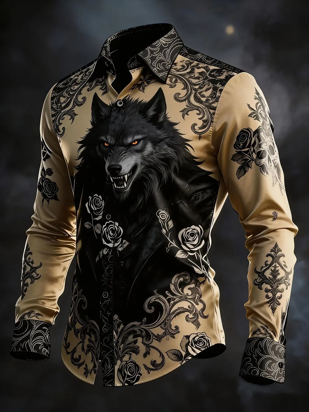 Retro Dark Grain Wolf Head Satin Men's Contrasting Pattern Printed Long Sleeved Shirt with Four Sided Elastic Slim Fit Business