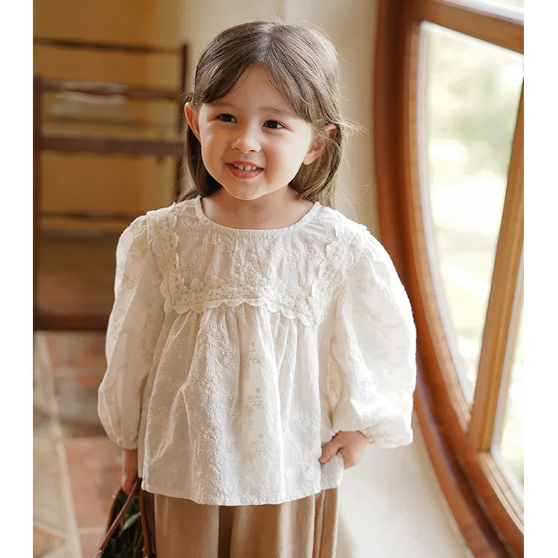 T-shirt Children\'s Girls\' Lace Shirt 2023 Spring New Long Sleeve Clothing Children\'s French Jacquard Doll Shirt Top