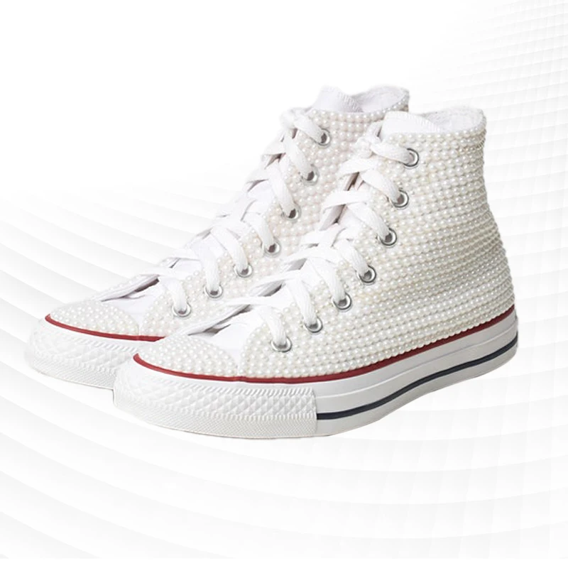 Plus-size Pearl Wedding party plimsolls Handmade custom white lace-up comfortable casual sports women's shoes 35-44