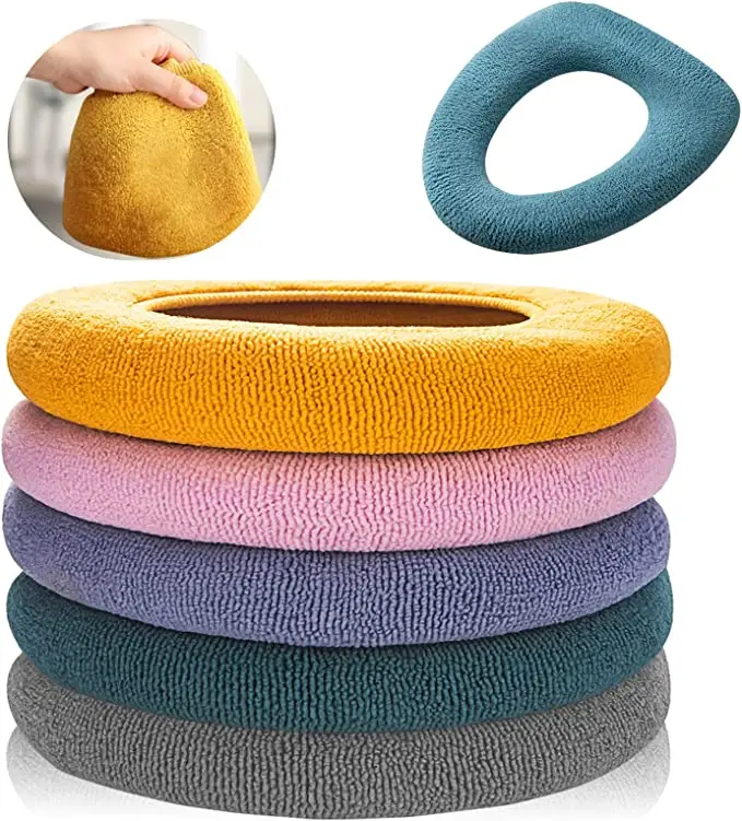 

5 Pack Thicker Bathroom Toilet Seat Cover Pads- Soft Warmer Toilet Seat Cushion Cover Stretchable Washable Fiber Cloth