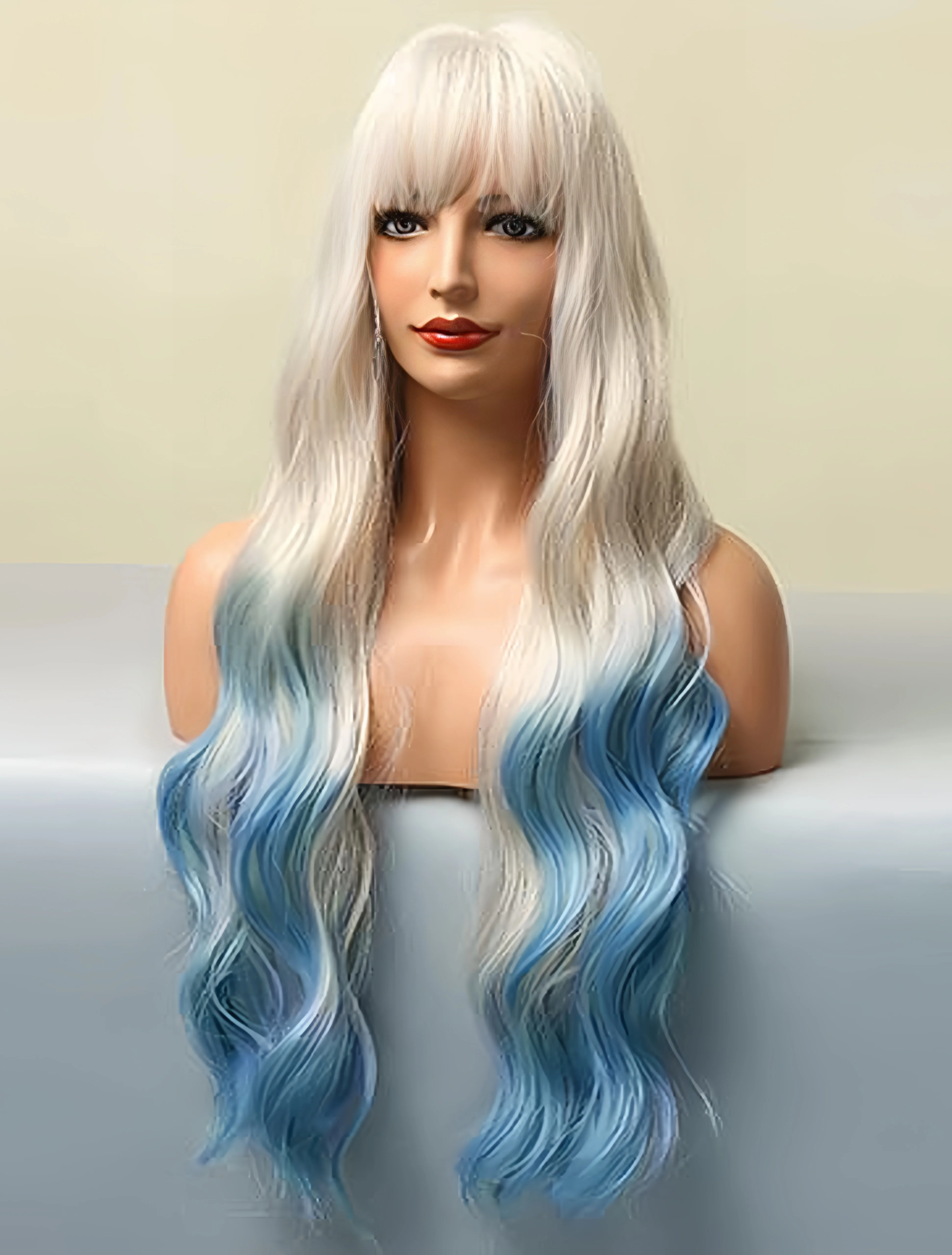 Synthetic Ombre Blue Wig with Bangs Long Ombre Blue Wigs for Women Long Wavy Blue Wig Ombre Wavy Heat Resistant Wigs for Daily P