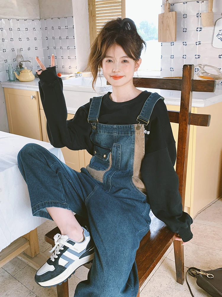 Strap Jeans for Women 2023 Autumn New Vintage Streetwear Hip Hop Casual Loose Trendy Denim Pants Overalls Female 6716