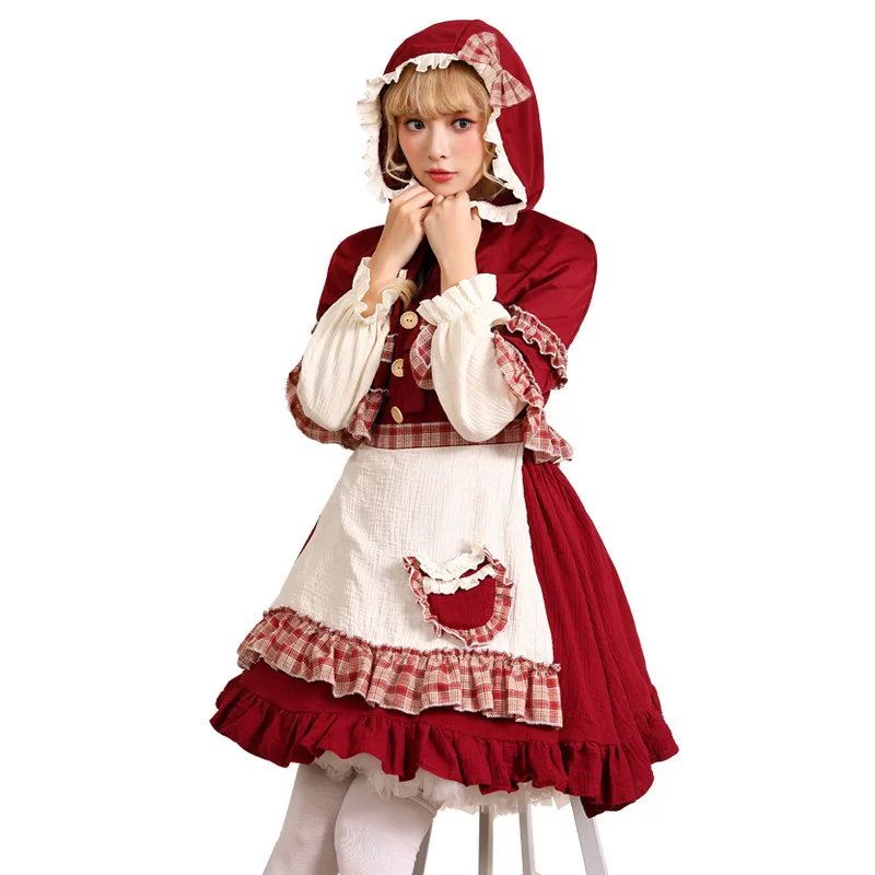 Halloween Lolita Dress Cape Soft Girl Style Women's Role-playing Costume Little Red Riding Hood Cosplay Traditional Ethnic Wo...