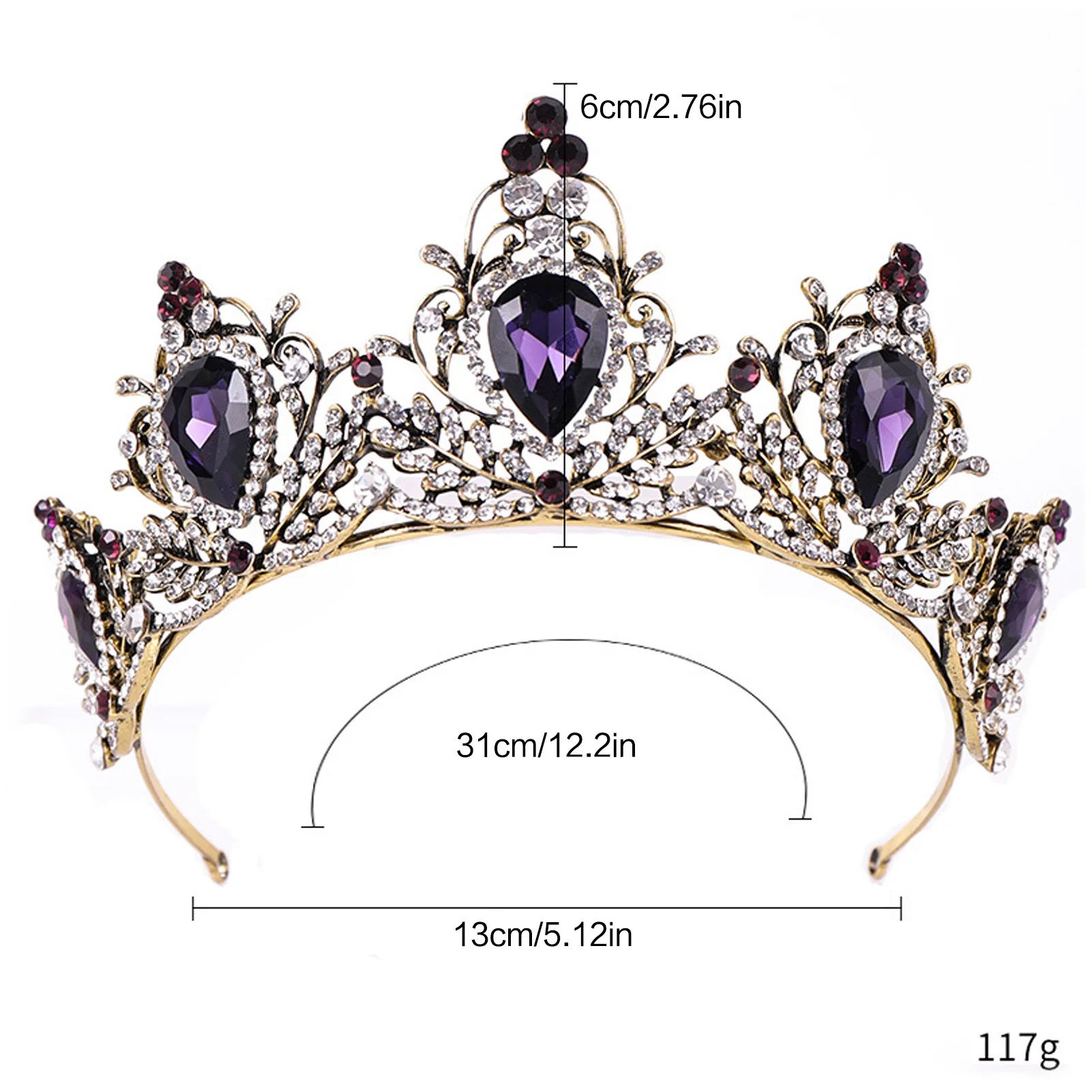 Elegant Crown Headpiece Baroque Vintage Tiara Wedding Bridal Party Purple Black Alloy Crystal Hair Jewelry Accessory Gift view 6