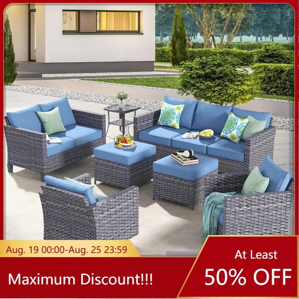 

Garden Furniture Sets,7-piece Outdoor High Back Wicker Sofa with Swivel Rocking Chair, Loveseat and Comfy Cushions, Denim Blue