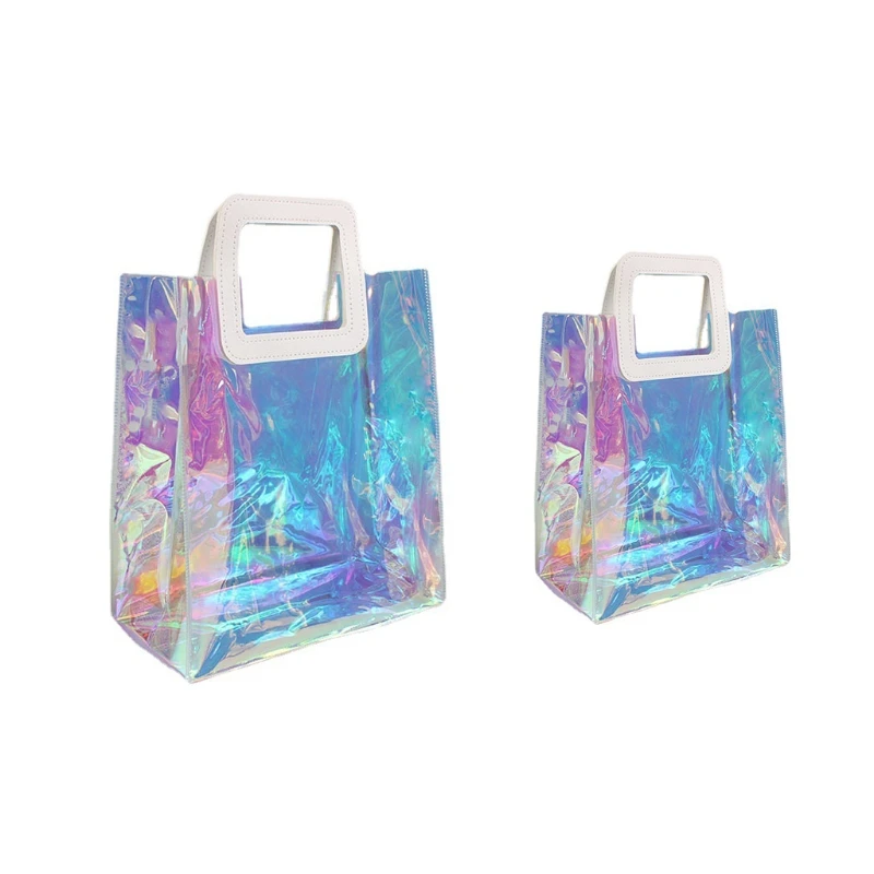 Bolsa tote transparente arco-íris holográfico, bolsa compras multiuso ombro e74b