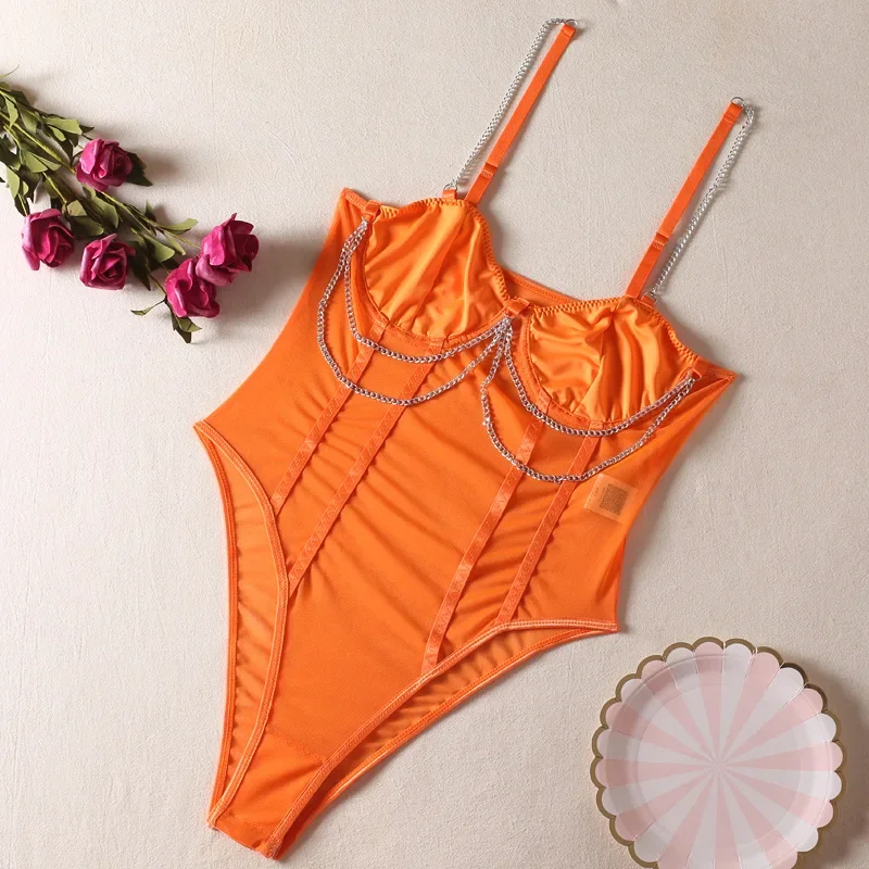 Amazon transfronteiriça verão nova alça de corrente de metal pesado top sexy transparente modelador bodysuit.