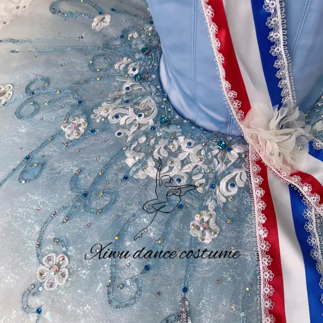 Costume de spectacle de ballet bleu à variation féminine de flamme de Paris personnalisé