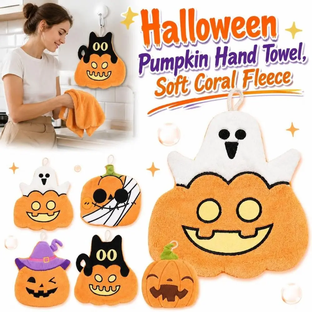 Soft Coral Fleece Halloween Pumpkin Hand Towel Absorbent Black Cat/Ghost Cartoon Cleaning Towels Hangable Kitchen Towels