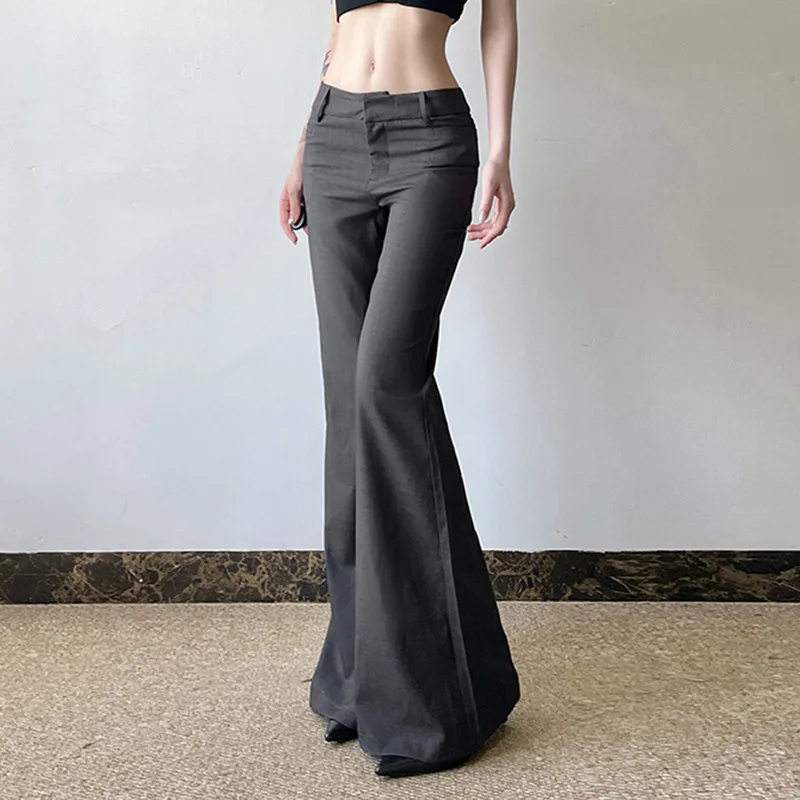 Vintage Flared Full Length Suit Pants Women Fashion Spring Low Waist Trousers Y2K Clothes Streetwear Solid Slim Office Lady Pant