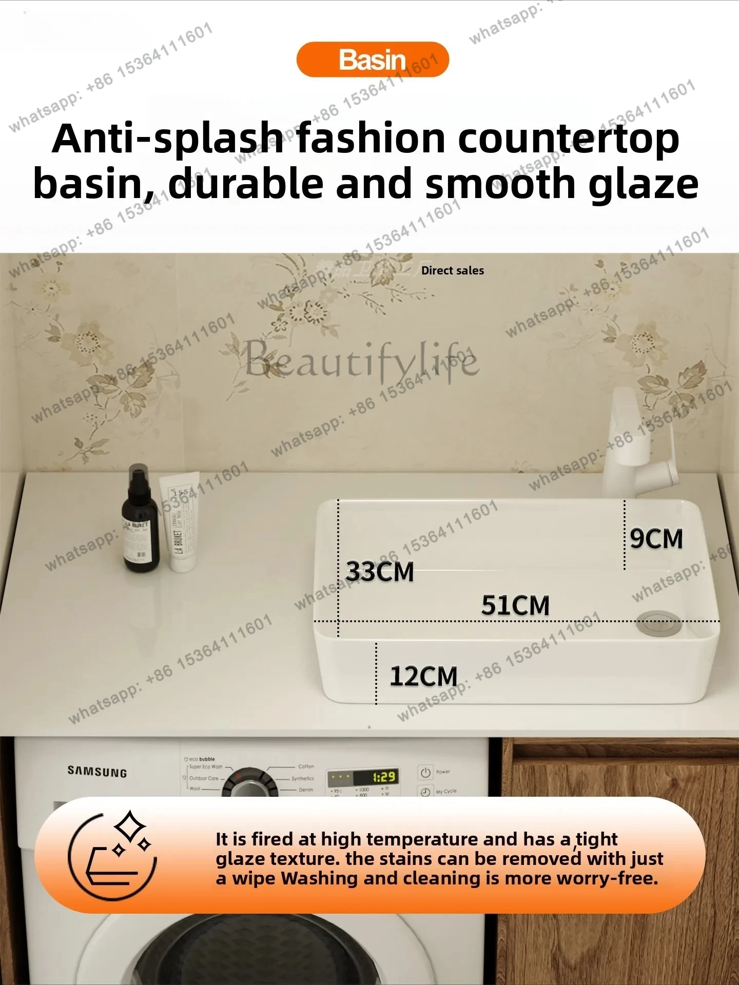 Drum Washing Machine Integrated Cabinet with Stone Countertop and Ceramic Wash Basin