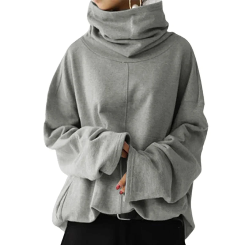 

Women's Turtleneck Loose Solid Color Sweatshirt Autumn Winter Long Sleeve Pocket Hoodie Casual Outerwear Ladies Trend Streetwear