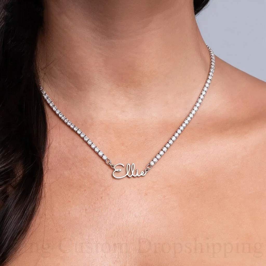 Custom Letter Tennis Chain Pendant Necklace - Personalized Cursive Name Jewelry Gift for Women Elegant Birthday Holiday Customiz