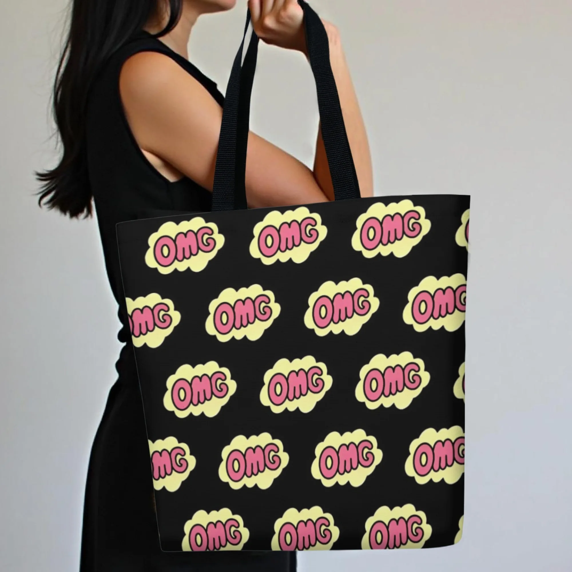 Women's Minimalist Vibrant Pop Art Canvas Tote Bag Black "OMG" Shoulder Bag for Women Reusable Shopping Bag for Daily Shopping