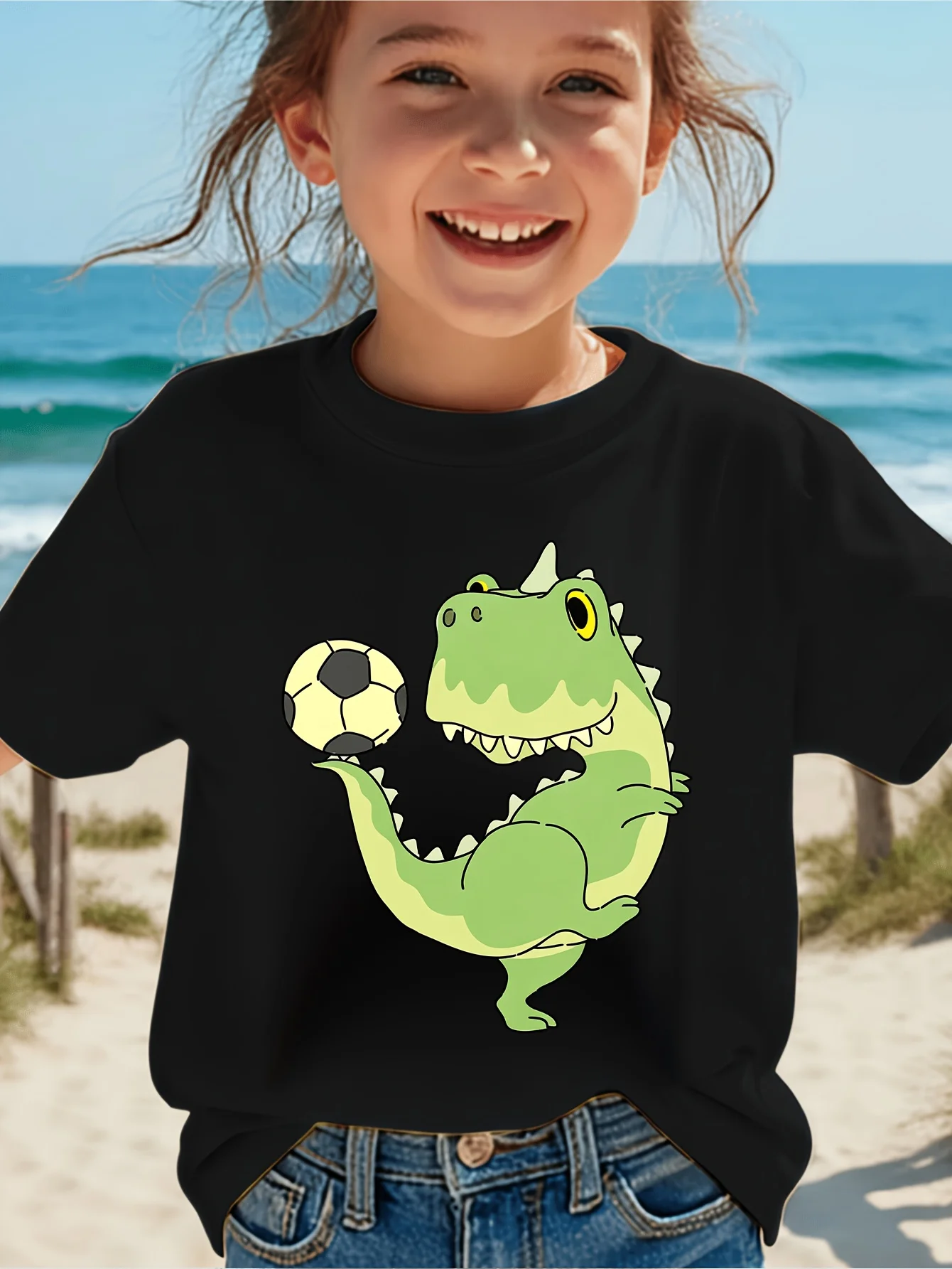 Kids Cute Dinosaur Playing Soccer Ball Graphic Tee Boys Girls Family Matching Short Sleeve Sport Animal Casual Daily T Shirt