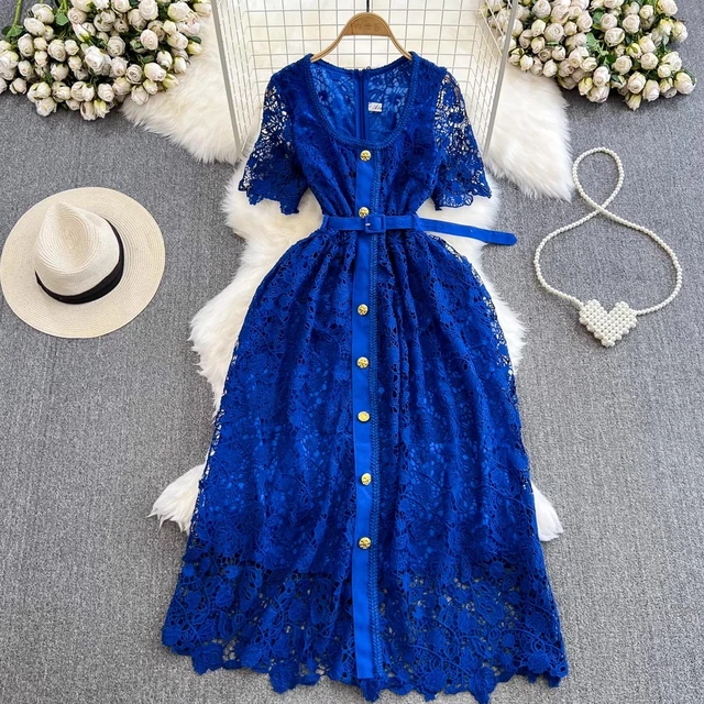 New Summer Blue Water-Soluble Lace Dress Runway Women Square Collar  Embroidery Flower Hollow Out Golden Button Belt Long Dresses - AliExpress