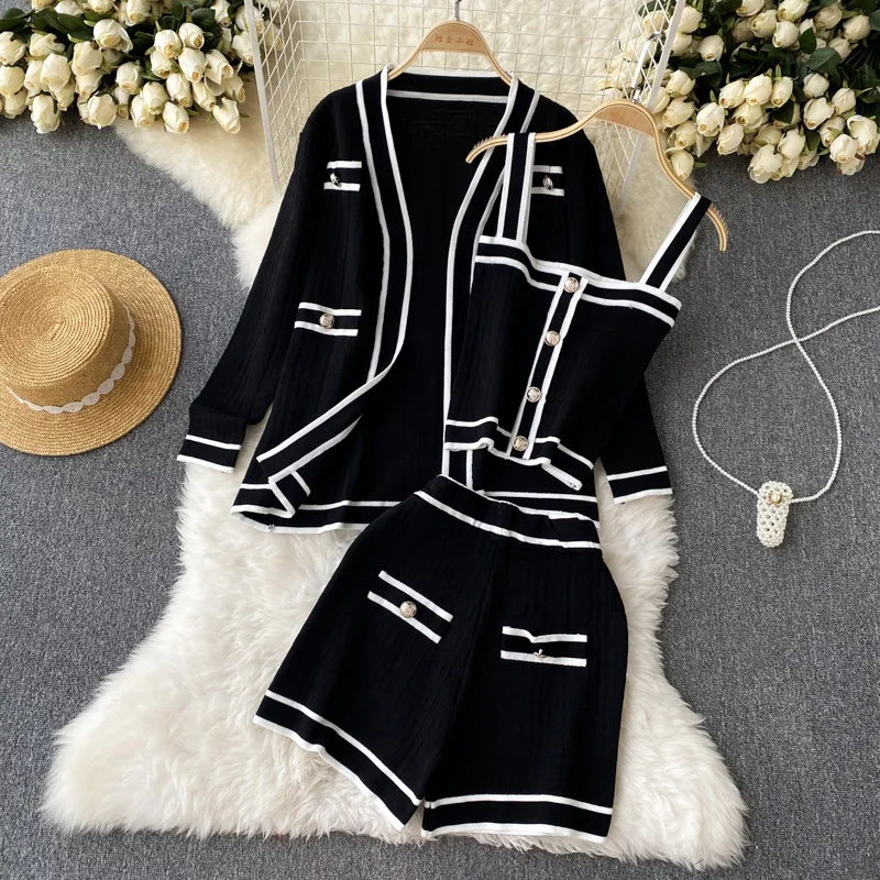 Spring Autumn Women Knitted Cardigan Striped Contrast Color Sweater Coat Tops + Camisole + Wide Legs Shorts Pants 3pcs Set