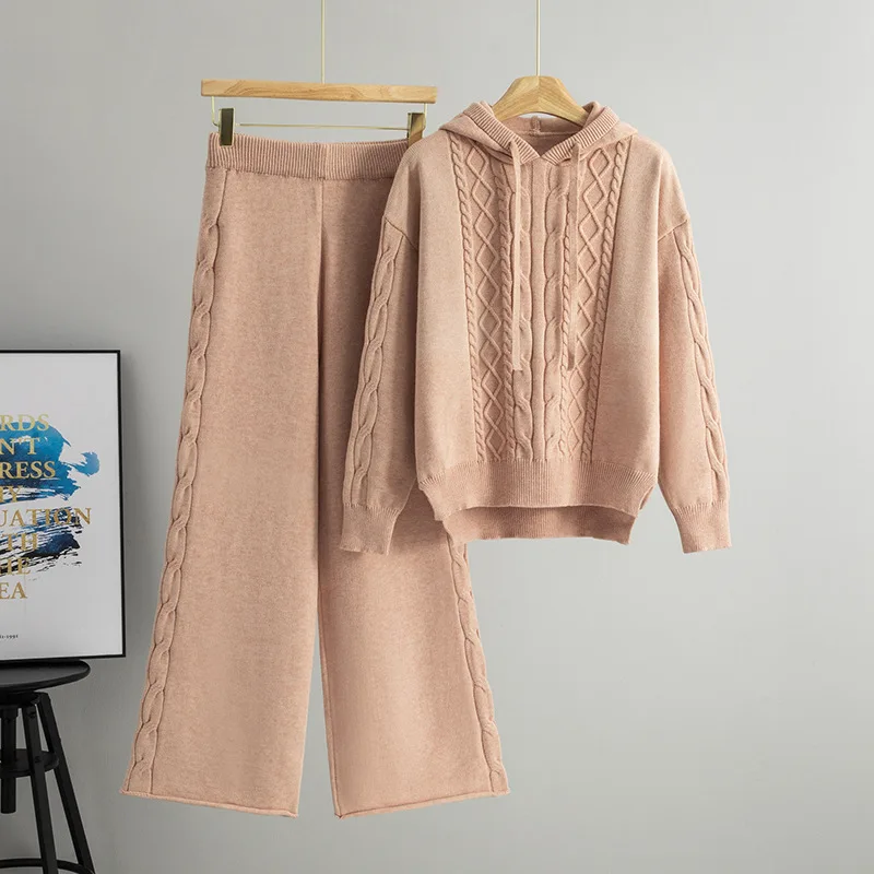 Greenora Old Money Solid Color Elegant Casual Chic Minimalist Cable Knit Hoodie Sweater Wide Leg Pants Two Piece Set Women
