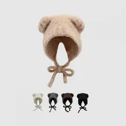 Winter Hats Women Beanie Cute Bear Ear Balaclava Keep Warm Ear Protection Knitted Baggy Cap Soft Women's Hats With Rope New