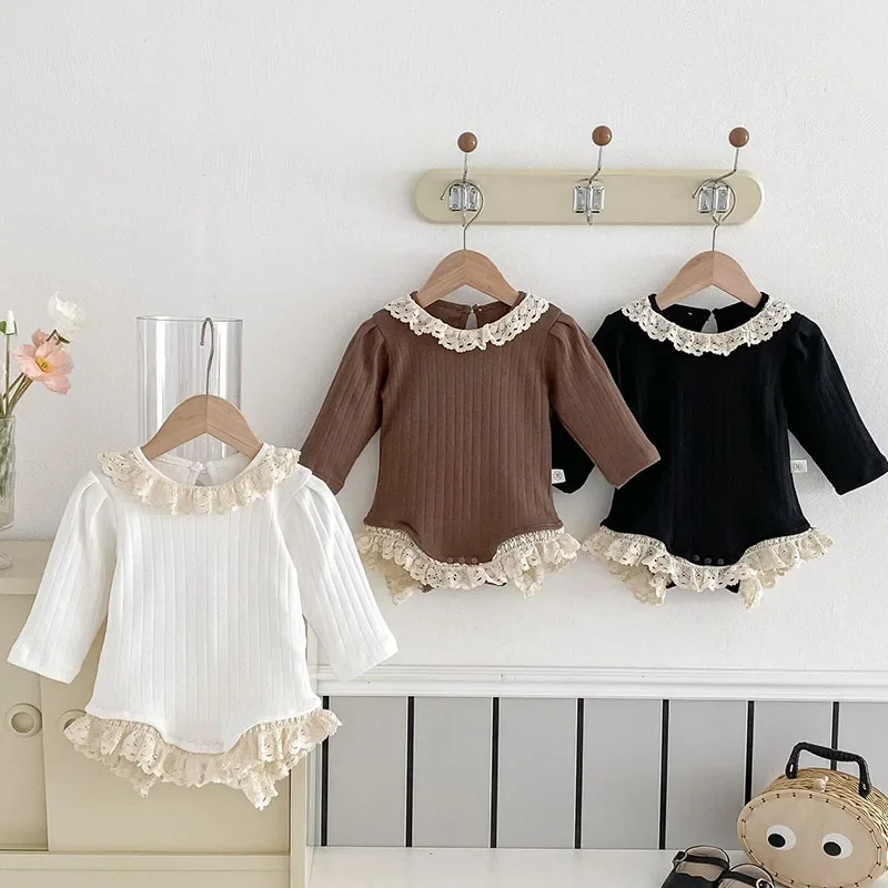 2025 New Spring Korean Style Climbing Suit Long Sleeved Cotton Lace Splicing Infant Baby Girls Jumpsuit Children Clothes