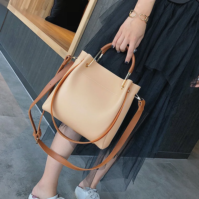 2023 New Fashion Women Bucket Bag Large Capacity PU Leather All-matched Shoulder Bags Ladies Texture Contrast Color Handbag