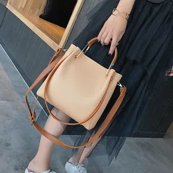 2023 New Fashion Women Bucket Bag Large Capacity PU Leather All-matched Shoulder Bags Ladies Texture Contrast Color Handbag