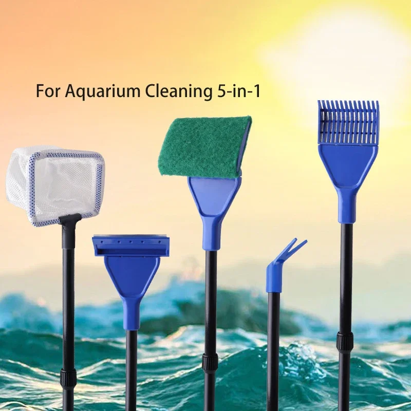 5-in-1 Fish Tank Cleaning Tool Retractable Algae Removal Moss Removal Long Handled Brush for Cleaning Glass Aquarium Accessories