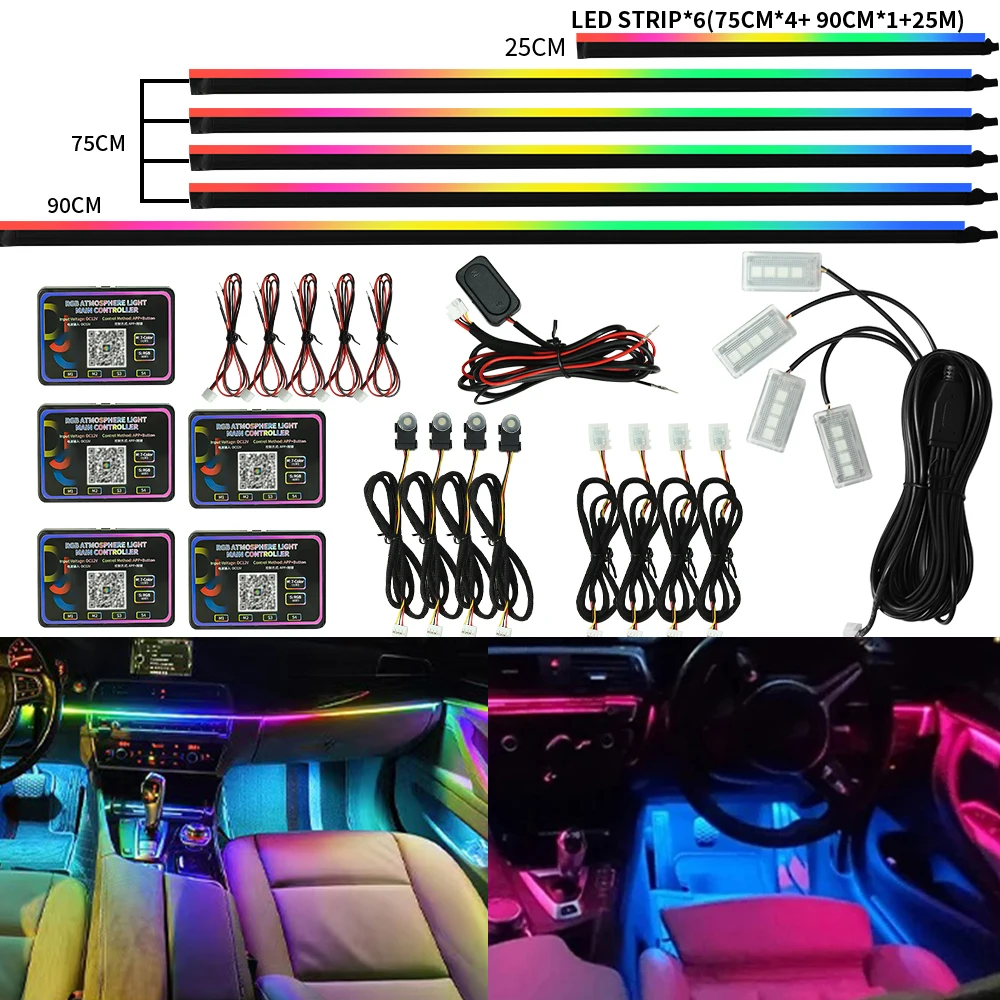 

12 В окружающий свет 6/10/18 в 1 для салона автомобиля RGB APP управление акриловая направляющая полоса света авто украшения атмосферная лампа