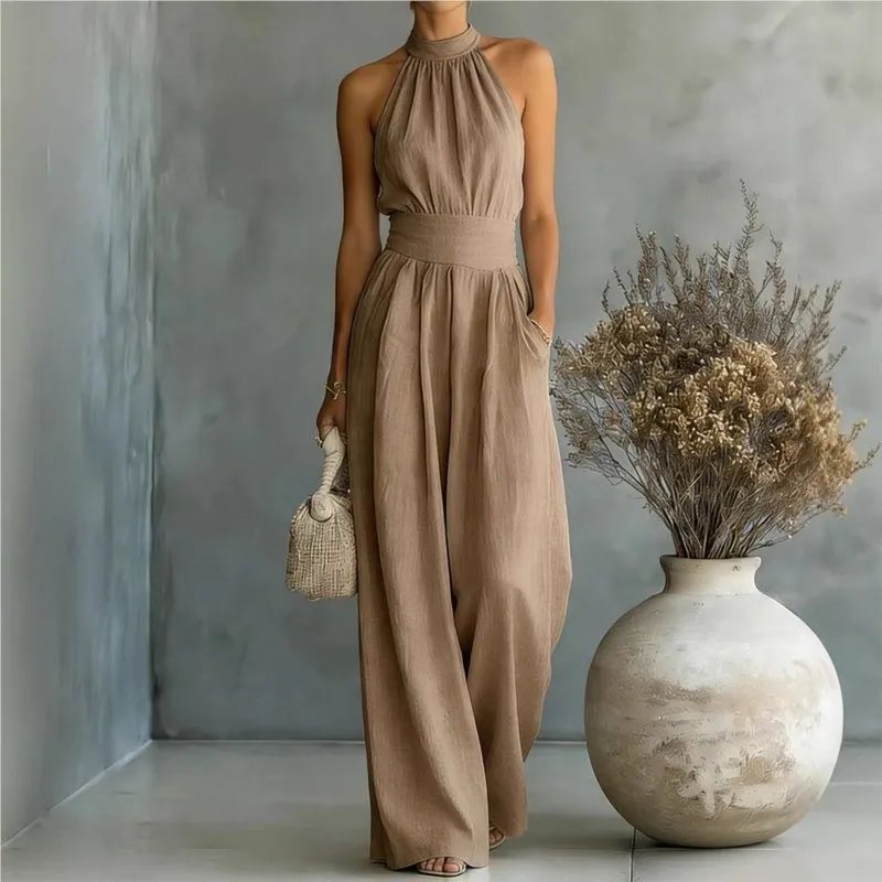 

Women's New Fashionable High-waisted Wide-leg Sleeveless Jumpsuit With Pockets Summer Casual Commuting Vacation Jumpsuit