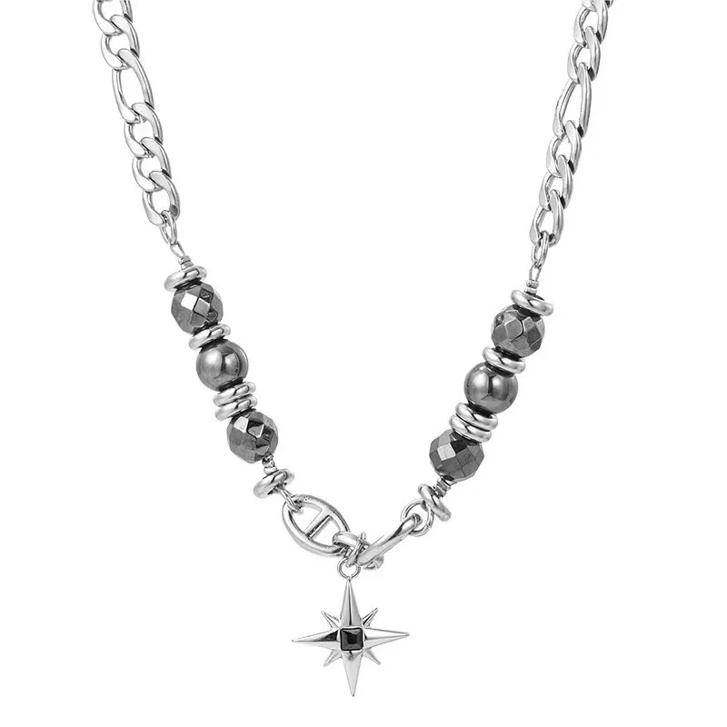 Men's Titanium Steel Dark Star Pendant Necklace Hip-hop Punk Jewelry Accessory Bead Stacked Choker Male spliced Stainless Chain
