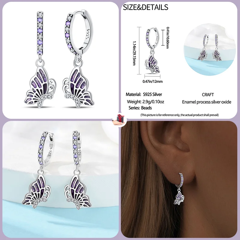 New925 Sterling Silver Fashionable Luminous Firefly Purple Butterfly Stamp Pendant Earrings Exquisite Wedding Party Jewelry Gift