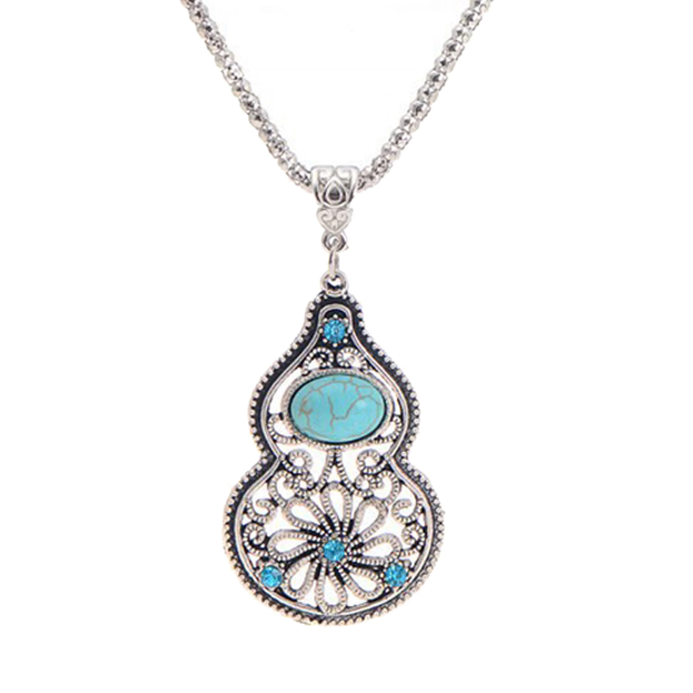 Women Ethnic Necklace Rhineston Blue Imitation Pine Stone Inlay Alloy Hollow Out Tibet Tourism Charm Rich Styles Fashion Jewelry