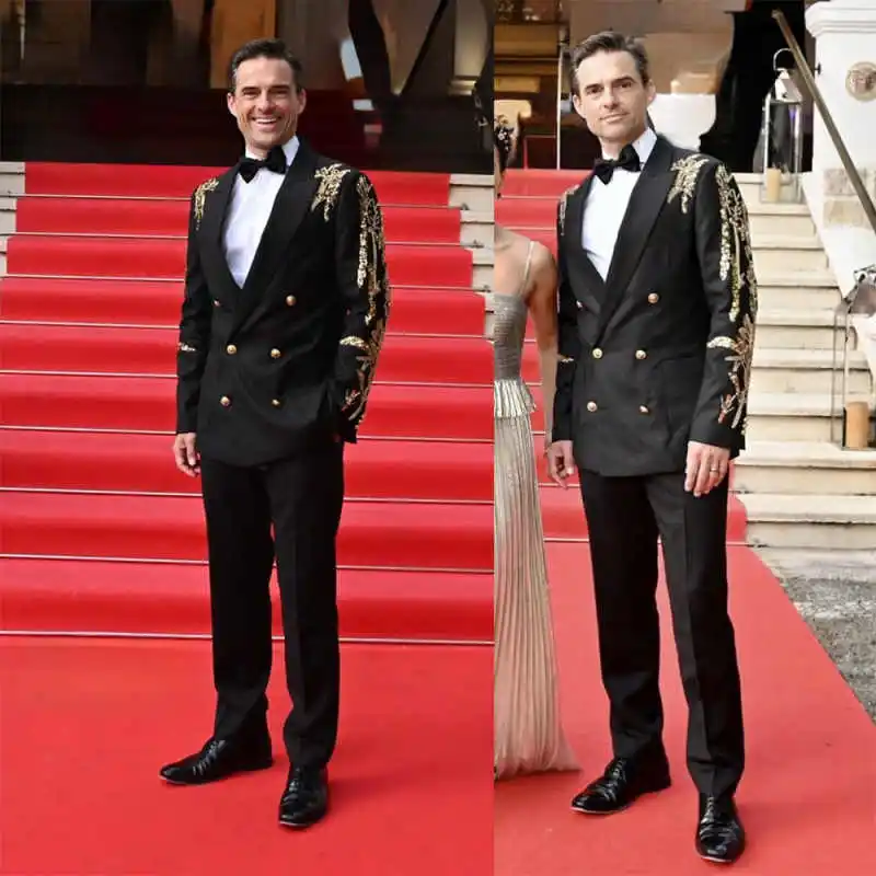 Exquisite Wedding Tuxedos Double Breasted 2 Piece Set Jacket Pants Men Suit Sequins Peaked Lapel Evening Blazers Customized