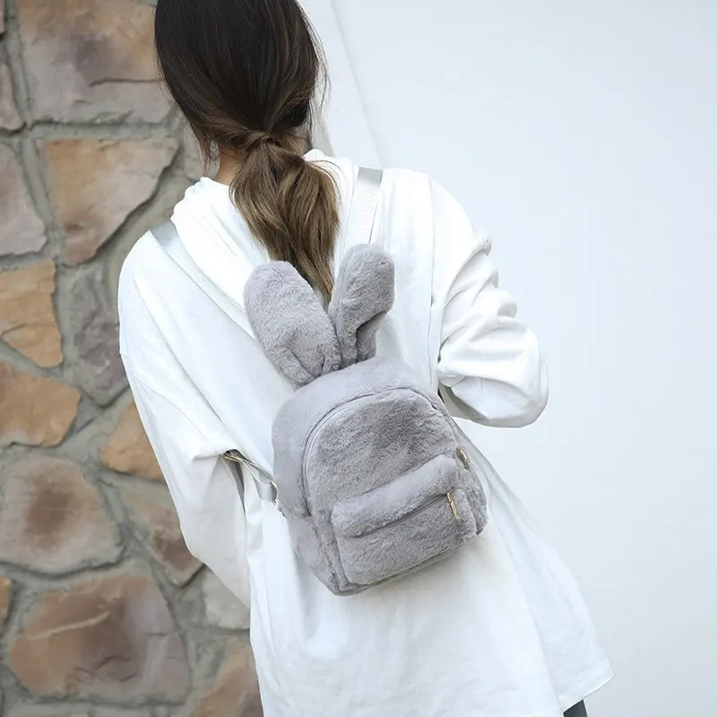 Rabbit Ears Plush Mini Backpack Women 2021 New Fluffy Bag Solid Faux Fur Shoulders Bag Kawaii Furry Backpacks For Teen Girls Sac