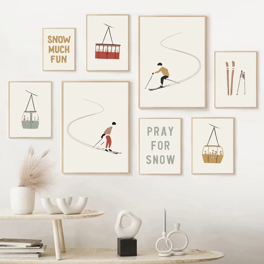 Winter skiing sports cable car aesthetic poster Nordic minimalist winter snow scenery figure canvas painting art home room decor