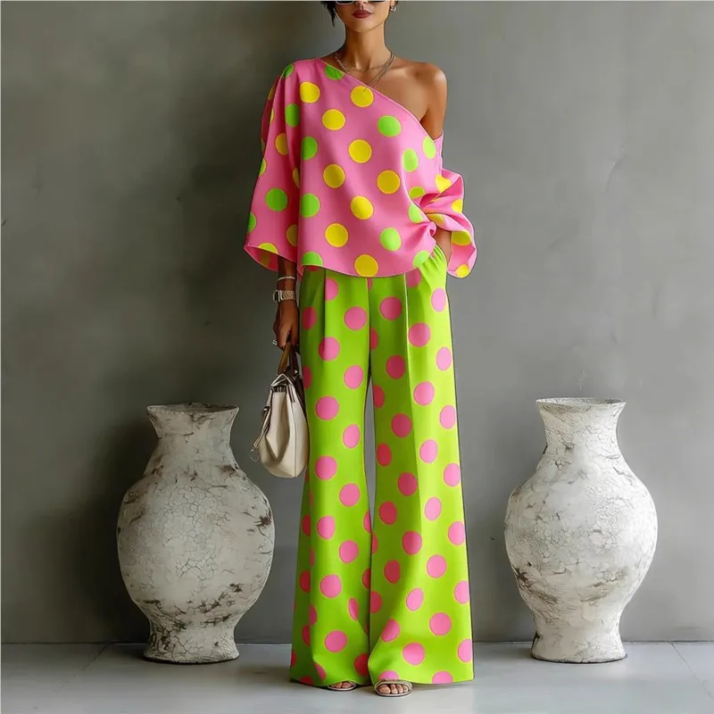 Conjunto de 2 Piezas con Estampado de Lunares para Mujer, Blusa de Un Hombro y Pantalones Anchos, Estilo Casual, Holgado, para Fiesta de Verano, Elegante, Nuevo 2026