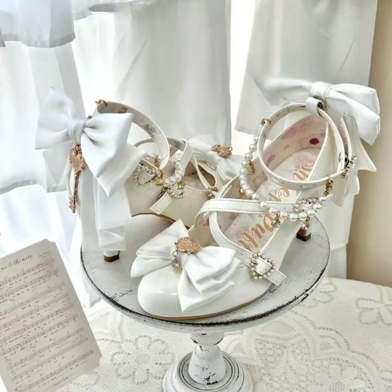 Mid-heel Elegant Cute Lolita Bow Clip High Heels Cross Strap Women Mary Jane Pumps Wedding Party Ruffles Princess Cosplay Shoes