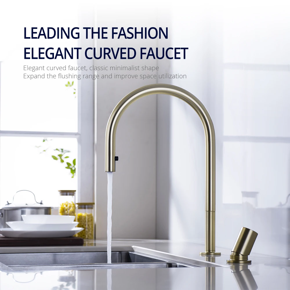 

Brushed Gold Kitchen Faucet Invisible Pull Out Spray Mixer Double Hole Single Handle Solid Brass Hot and Cold Sink Tap