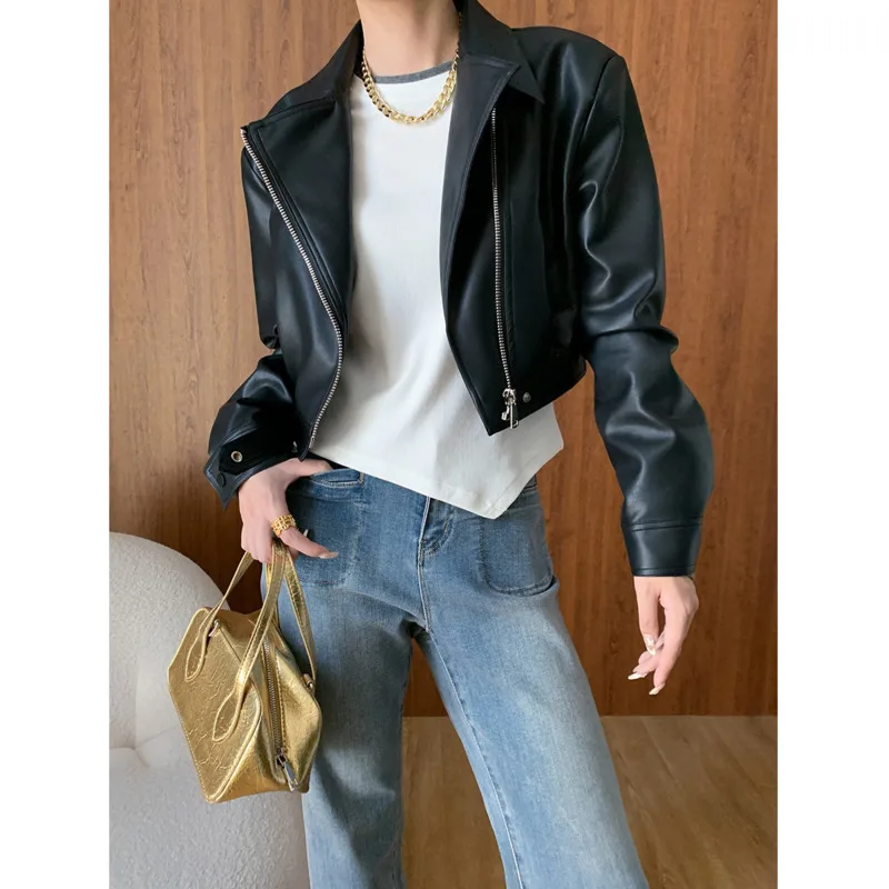 Autumn Short Pu Leather Jacket Lapel Collar Zipper High Waist Long Sleeve Streetstyle Coat