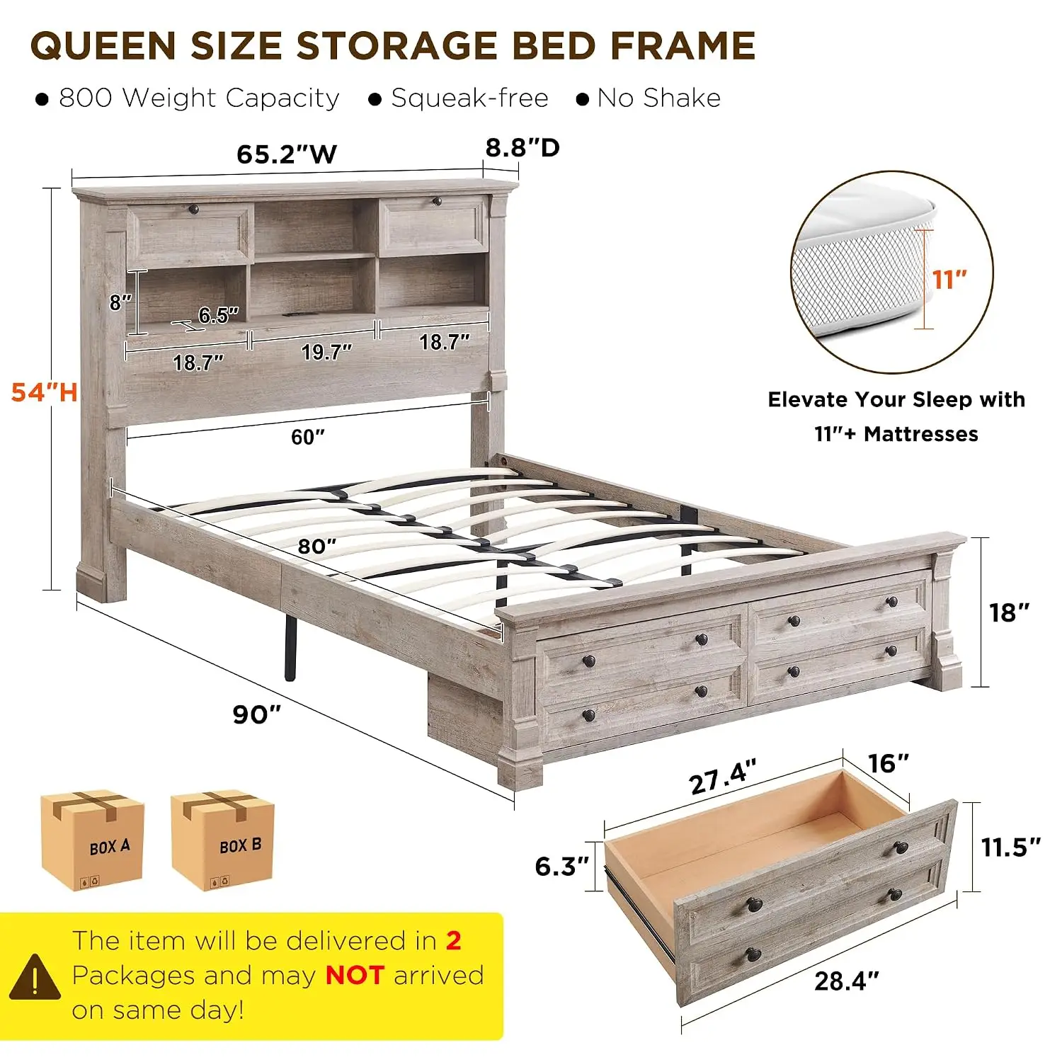 Queen Size Bed Frame 2 Drawer & 4 Storage Rack Headboard Charging Station | Farmhouse 54