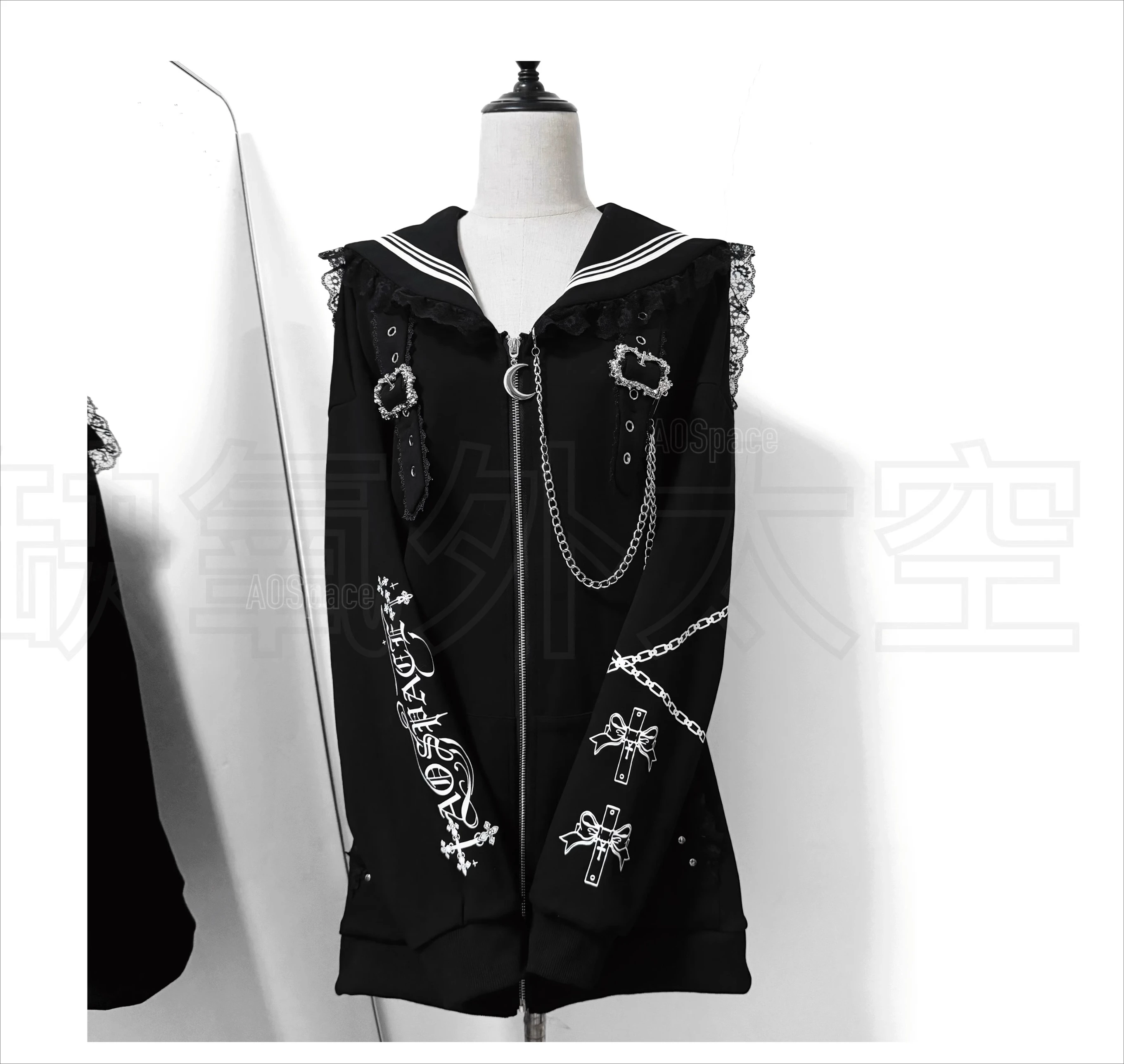 Subculture Printed Long Sleeve Navy Sailor Jacket Women Original Gothic Printed Splicing Color Loose Mid-length Balck Jacket