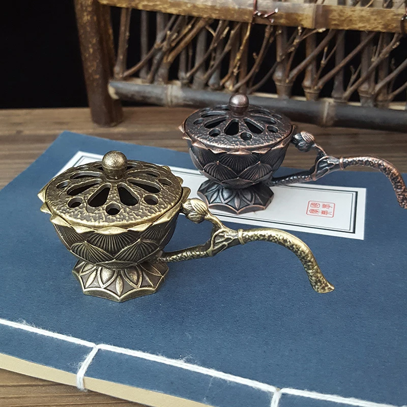 Handheld Lotus Incense Burner Creative Temple Brass Buddhism Buddha Holder Retro Copper Sandalwood Censer Crafts Home Decoration