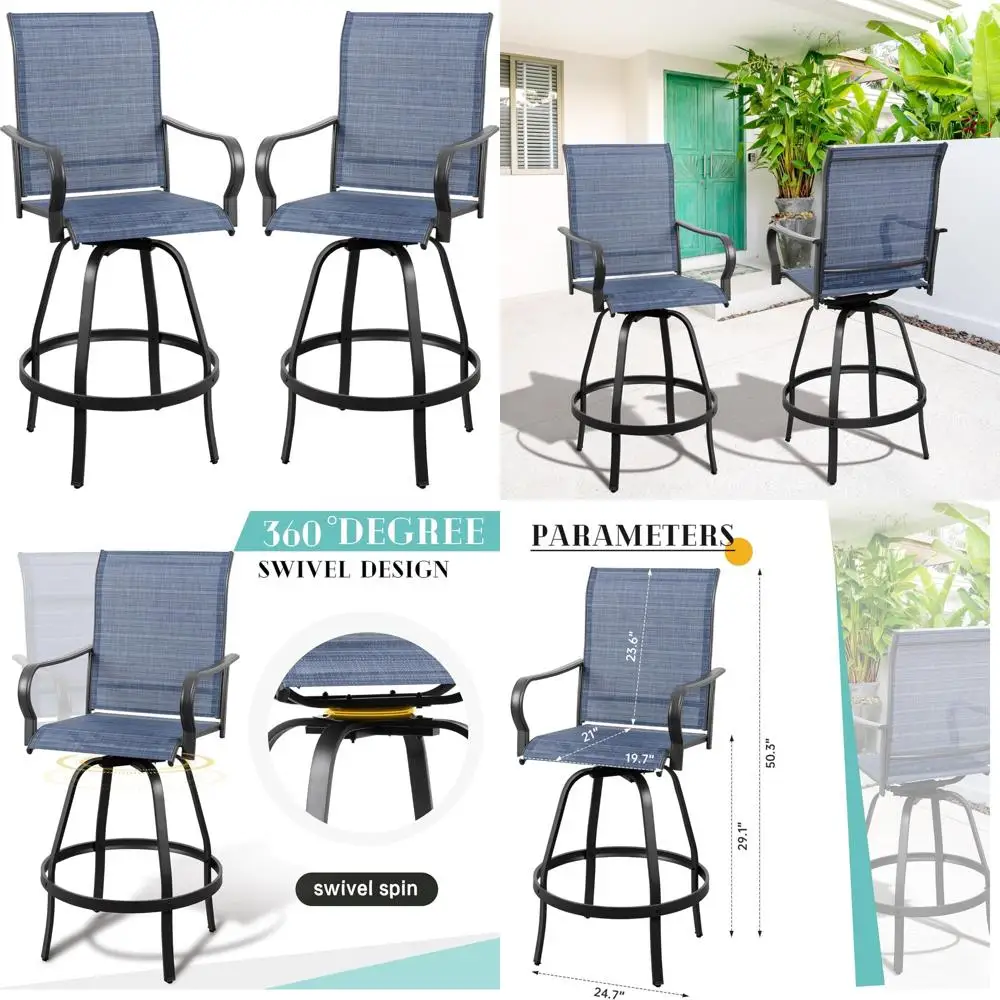 All-Weather Metal Textile High Swivel Bar Chairs, Outdoor High Top Bistro Set, Weather-Resistant Patio Swivel Bar Stools