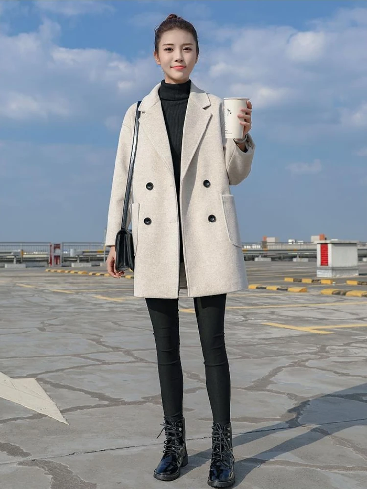 معطف صوف نسائي متوسط الطول لخريف وشتاء 2025 وصل حديثًا معطف تويد سميك ودافئ على الطراز الكوري #5