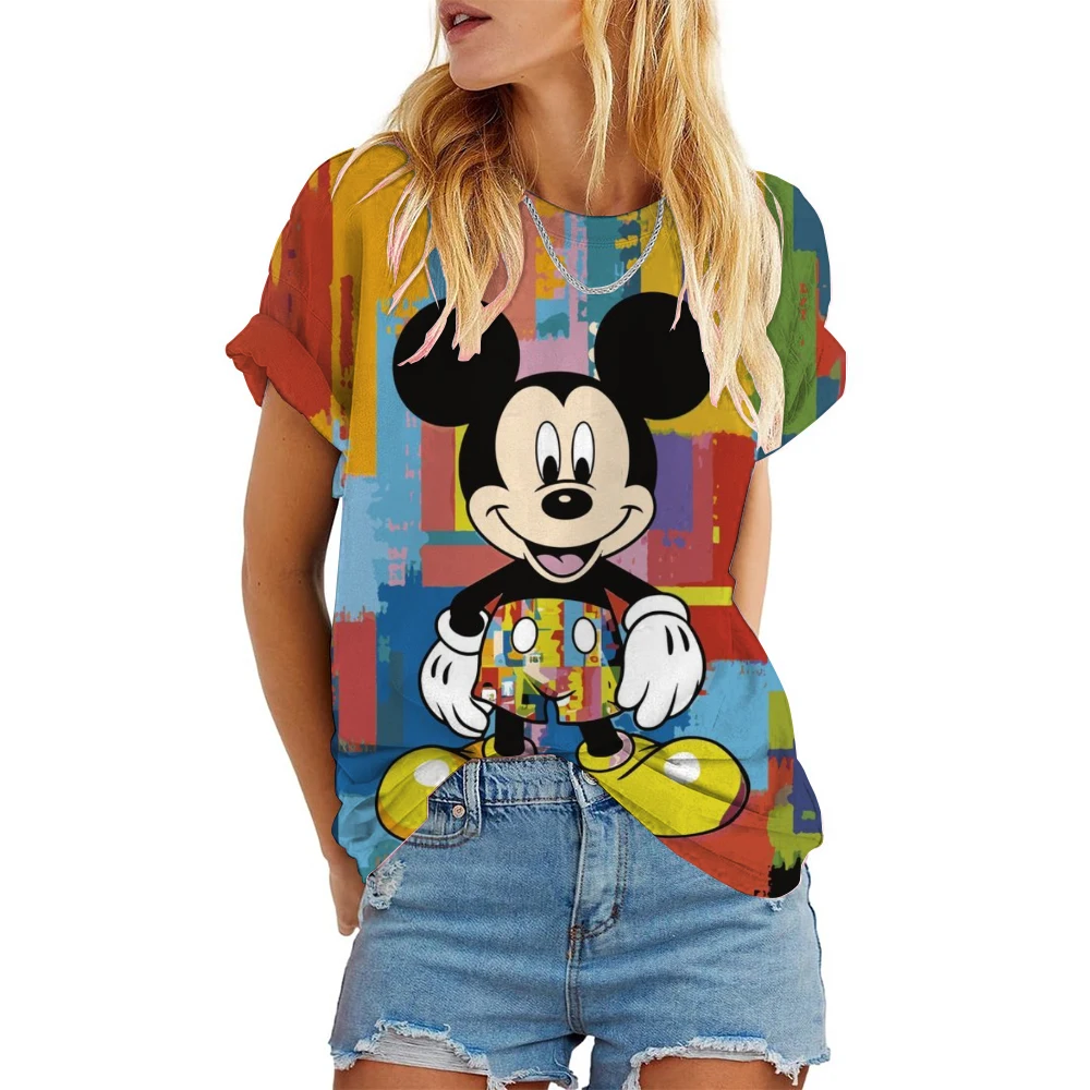 Disney Mickey Mouse Print Summer T Shirt For Women Oversize T-shirt Round Neck Clothes Pulovers Top Graphic T Shirts Casual