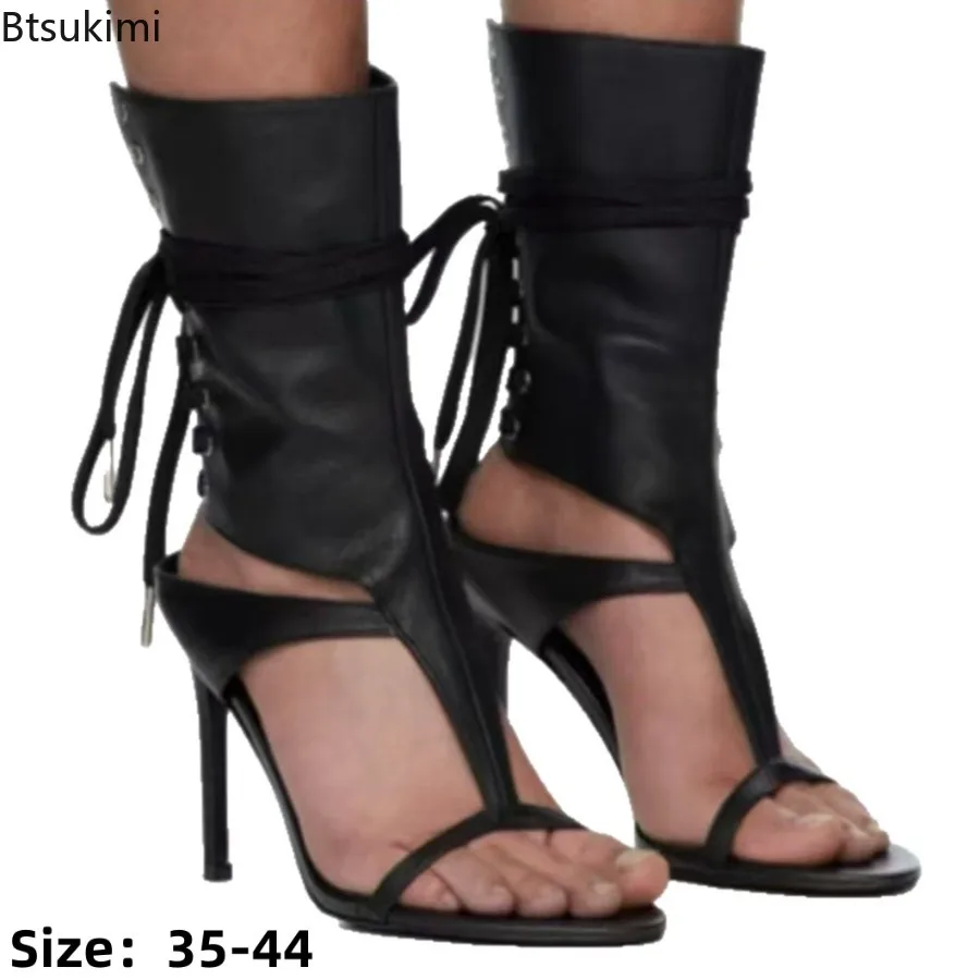 New Women Black Matte Leather Sandals Sexy Cross Tied Ankle Lace Up T Strap Stiletto Heel Mid-calf Sandals Boots Banquet Sandals