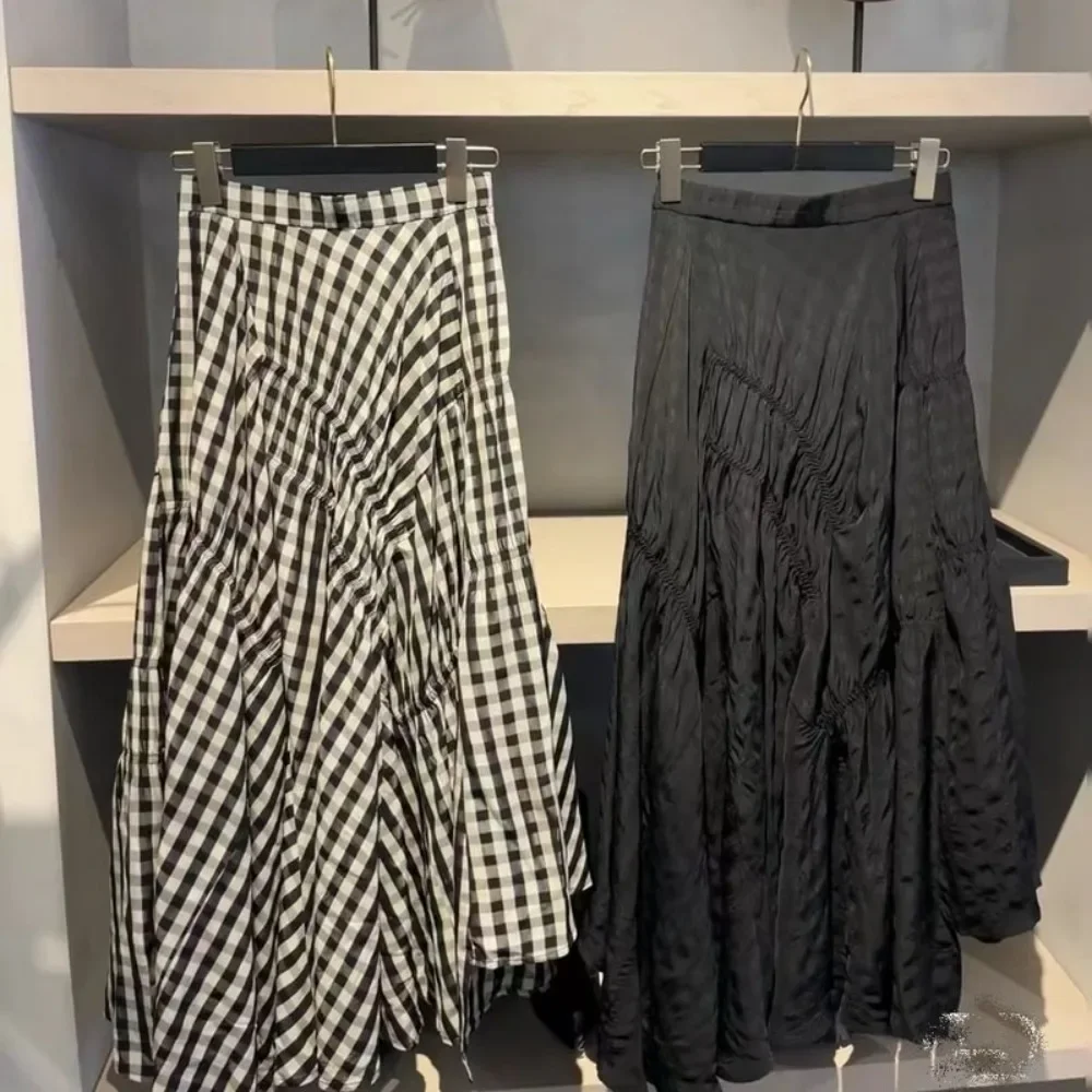 

Japan All-match Trendy Streetwear Falda Plaid A-line Vintage Literary Skirt Stretch Waist Mid-length Irregular Faldas