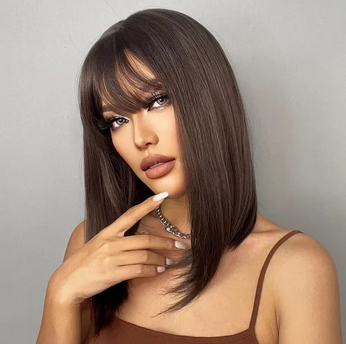 Brown Straight Synthetic Wigs With Bangs For Black Women Shoulder Length Bob With Dark Roots For Girl Daily Use Cosplay Wigs